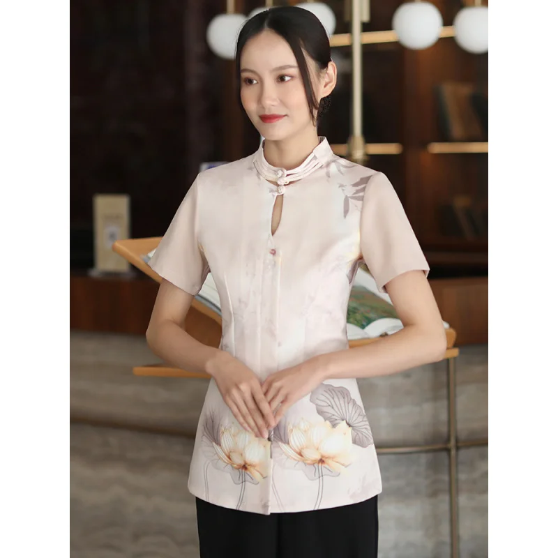 ウェルカム受付作業服半袖レストランホテル宴会ロビーレセプションエチケットロングドレス女性作業服