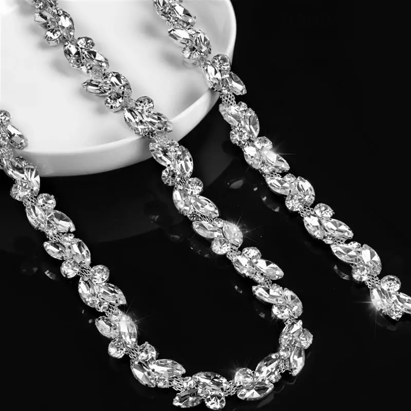 3 Yards Rhinestone Chain Trim Crystal Chain Trim Applique Sparkly Flower Leaf Costume Chain Sewing Bling Trim For DIY Wedding