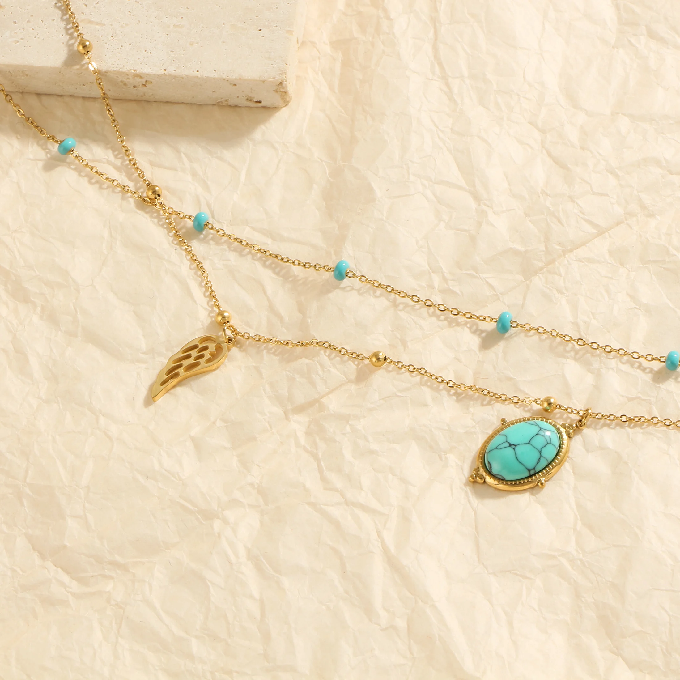 Wing shape and turquoise pendant Bohemian style golden women\'s fashion jewelry gift, daily party wear multi-layer necklace