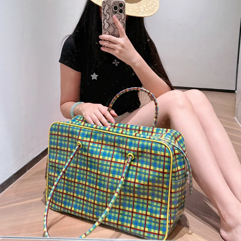 Karierte Schultertasche, Damen-Tragetasche mit großem Fassungsvermögen, minimalistische gelb-grüne Colorblock-Reisetasche mit Tragegriff – Detail 17