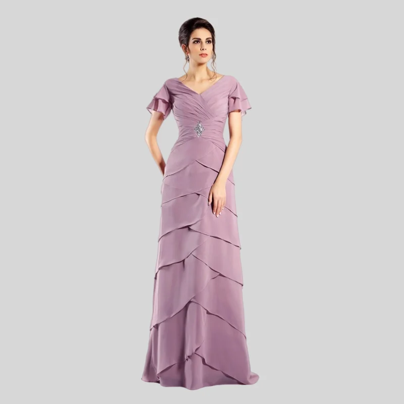 Lilac Mother Of The Bride Dresses A-line Cap Sleeves Floor Length Chiffon Tiered Plus Size Long Groom Mother Dresses For Wedding