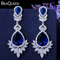 BeaQueen Luxury Royal Blue Water Drop CZ Crystal Women Wedding Jewelry Long Bridal Earrings with Clear Cubic Zirconia E081