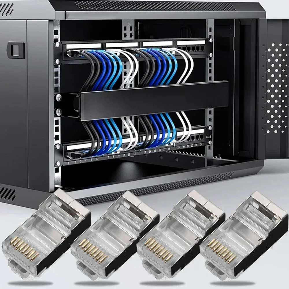 50 قطعة كابلات إيثرنت RJ45 وحدة التوصيل Cat6/Cat5 موصلات كريستال نهاية مطلية بالذهب 8P8C قابس شبكة إيثرنت القياسية