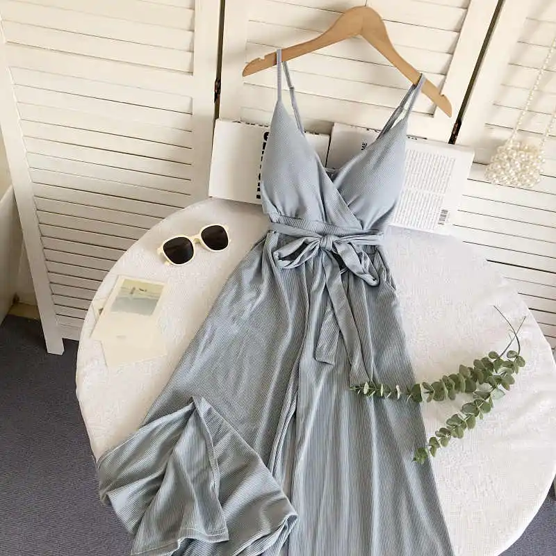 Women's Vintage Lace-up Jumpsuits V-Neck Rompers Off Shoulder Playsuits Jumpsuit Y2k Overalls Korean Wide Leg Long Pants Summer