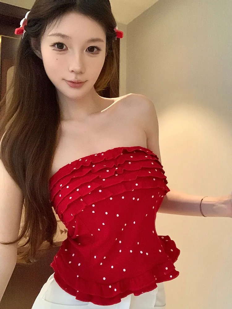 

Женский топ без рукавов с вырезом халтер и принтом в горошек, весна-лето, новый стиль, с эффектом утяжки на талии, для создания нежного и соблазнительного образа