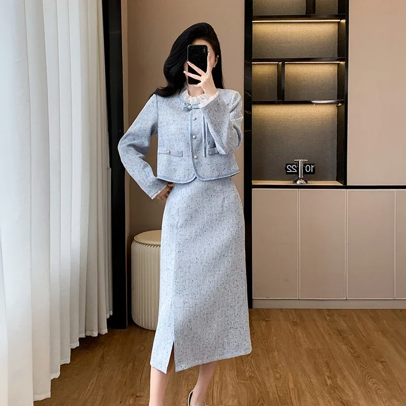 Real Shot Blue Sea Legend Fashion Set Women's Blue Classic Style Heiress Top Skirt Long Short Set Female Office Lady Clothing