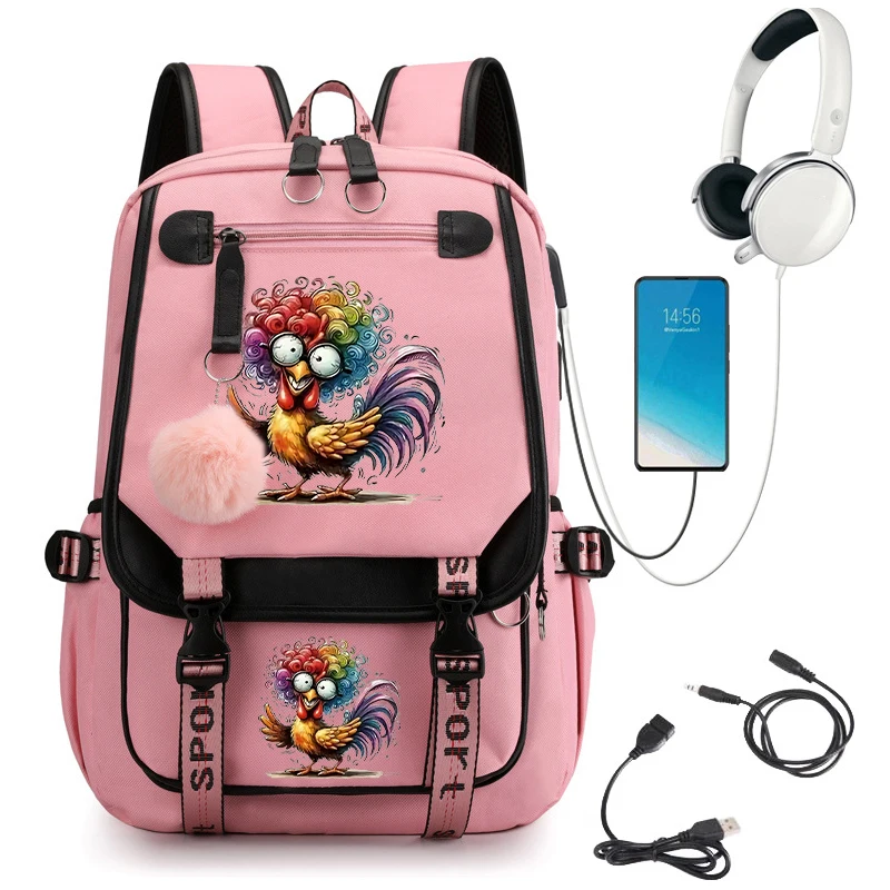 

Cartoon School Bag for Teenager Girls Backpack Watercolor Chicken Pink Princess Bagpack Student Backpack Usb Charging Bookbag