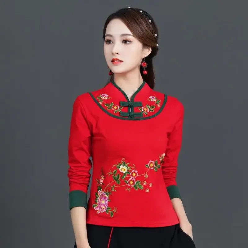 Spring Autumn New Embroidered T-shirt Women Chinese Style Retro Button Long Sleeve Cotton Stand Collar Top