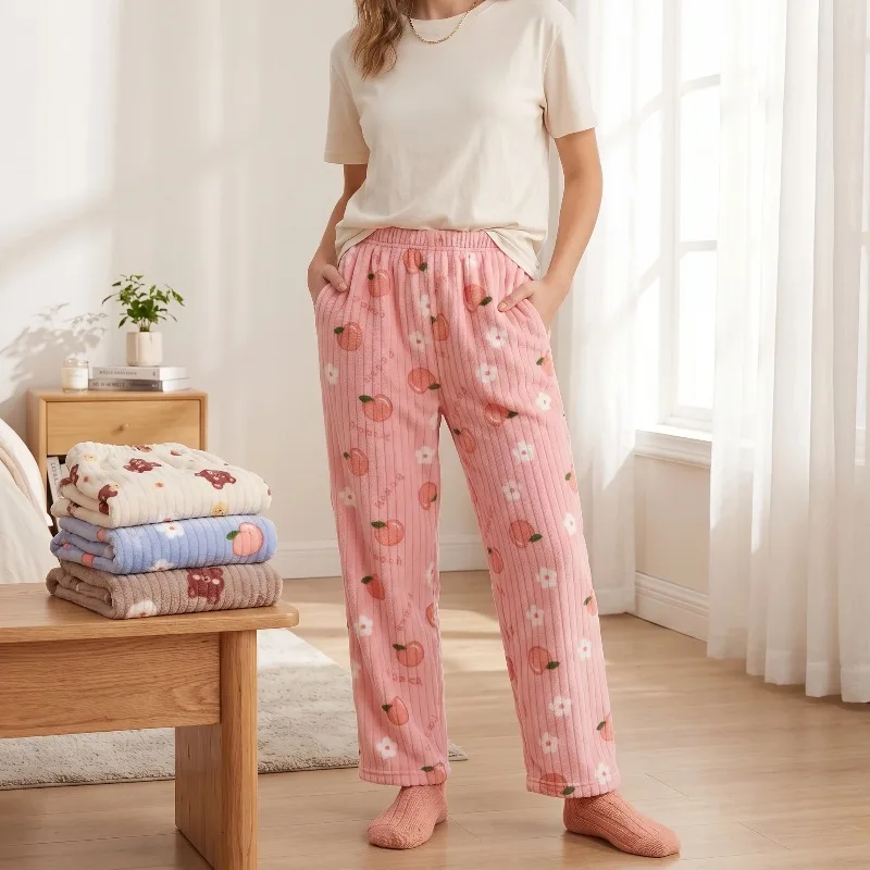 1-4Pairs Women Thickened Warm Coral Fleece Baggy Outer Wear Plush Thermal Sleep Trousers Winter Pajama Home Lounge Soft Comfy
