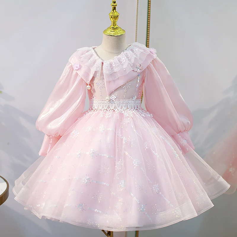 

4-12Y Girl Kids Short Chiffon Evening Dress Children Pink Lace Tulle First Communion Gown Beading Sequin Lantern Sleeve Dresses