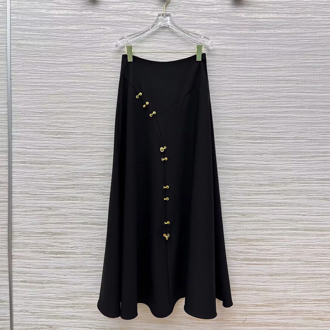 

2025 новые модные осенние черные макси-юбки длиной до пола, женские золотые пуговицы с украшением, высокая талия, свободная элегантная юбка трапециевидной формы
