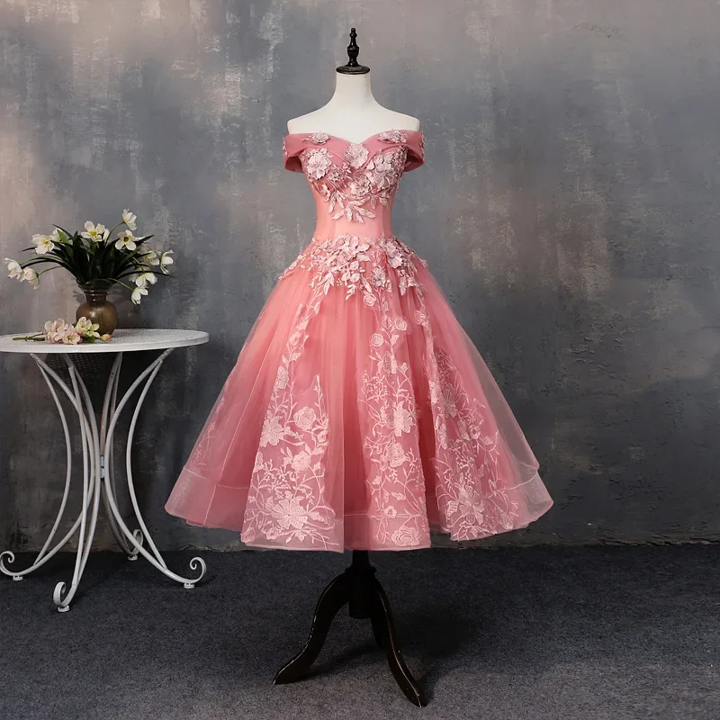 

Evening dress short tutu skirt spring pink wedding bridesmaid dress one-word shoulder short sleeve thin host dress woman