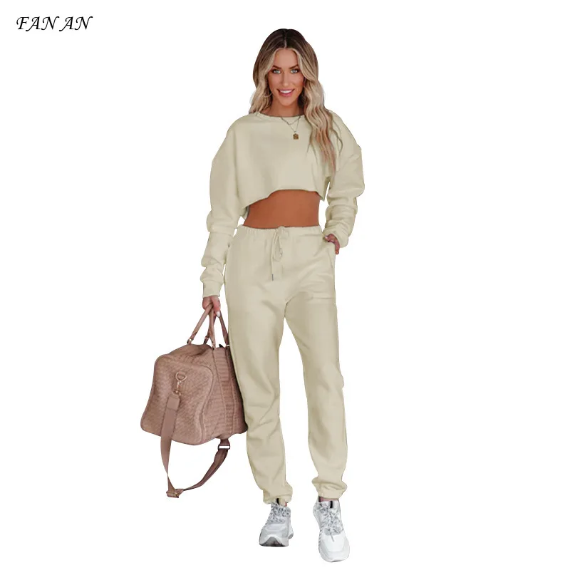 

Autumn and Winter New Solid Color Round Neck Sleeve Head Crop Long Sleeve Hoodie Women's Fashion Casual Drawstring Pants Suit