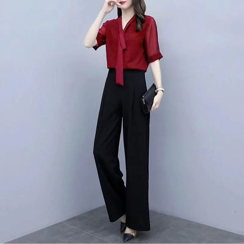 

Women's Summer Short Sleeve Two Piece Set Korean Style Loose Fit High Waist Wide Leg Pants Outfit for Women