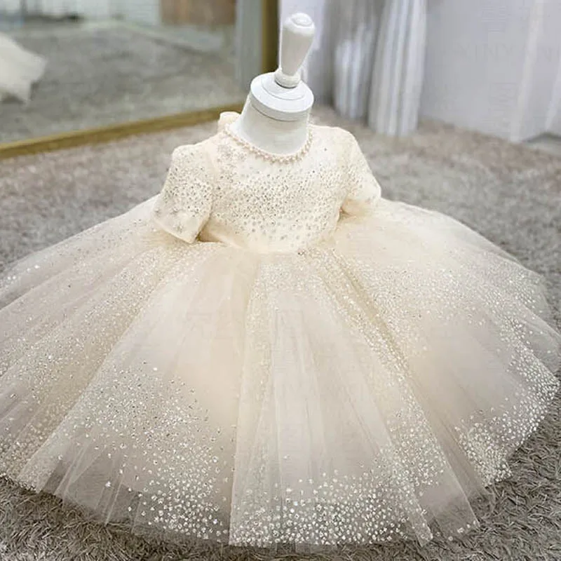 

High-End Pearl Beaded Princess Ball Gown For Baby Girls Round Collar Puff Sleeve Birthday Party Performance Prom Dress y781