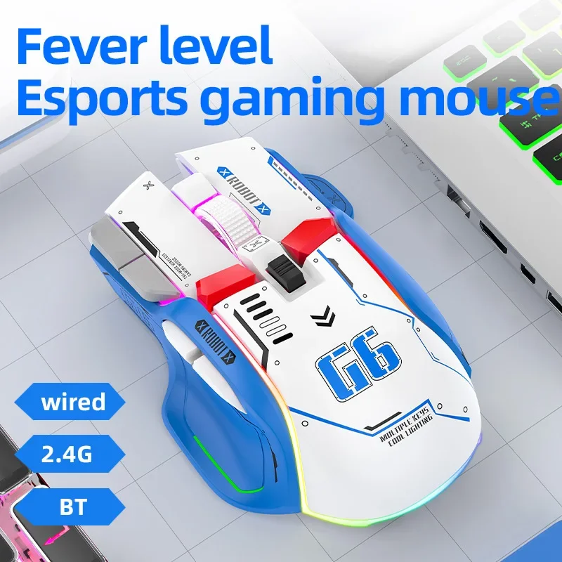 Mecha Style Tri-mode Gaming Mouse 2.4G Bluetooth Wired High DPI 10 Button Silent Click Rechargeable RGB Backlight For PC Laptop