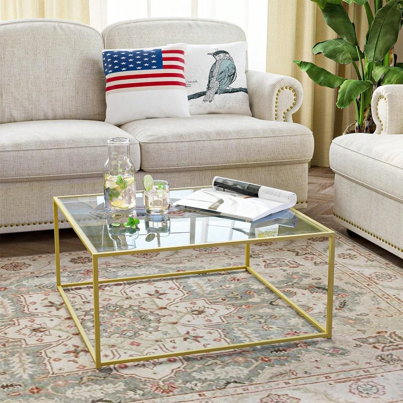 Glass Coffee Table 26.4x26.4x15.7 Inch Modern Minimalist Tempered Glass Top Metal Frame for Living Room Gold