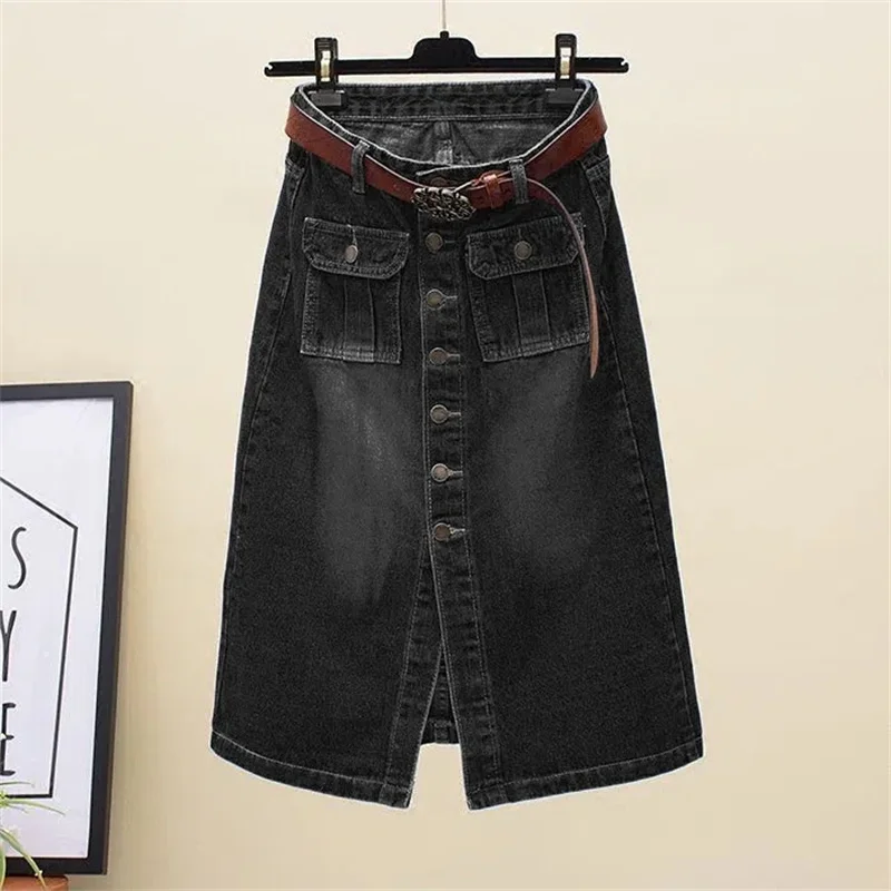 Women's Denim Skirt Spring Summer Vintage Single-breasted High-waist Jean Skirts Lady Blue Black Package-hip A-line Skirts