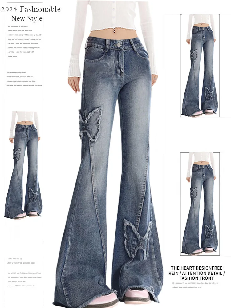 

Американские джинсовые джинсы в стиле ретро с высокой талией, утягивающие женские микро-расклешенные брюки длиной до пола, летние синие цвета