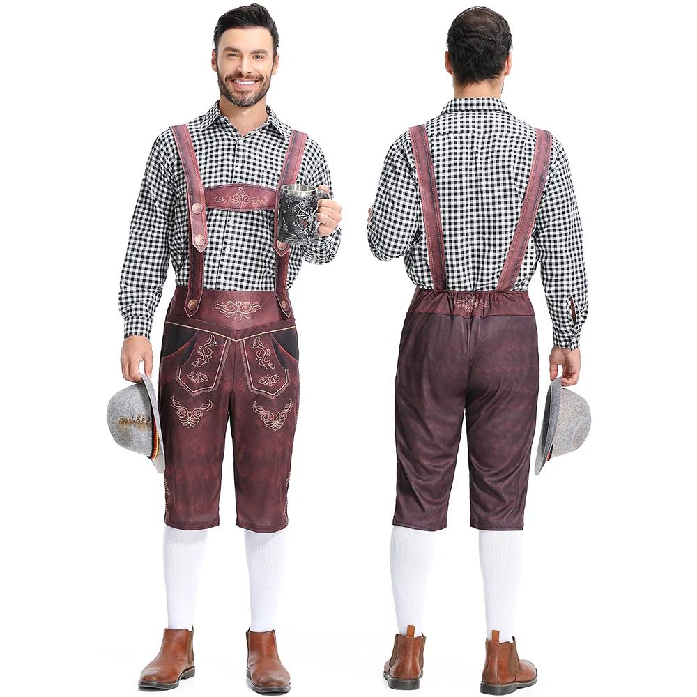 Male German Oktoberfest Lederhosen Costume Bavarian Beer Festival Outfit Suspenders Rompers Men Cosplay Halloween