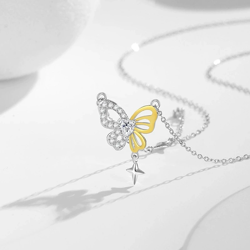 S925 Silver Light Luxury Minimally Asymmetric Sparkling Zircon Hollow Butterfly Necklace Gold Color Women's Festival Day Gift