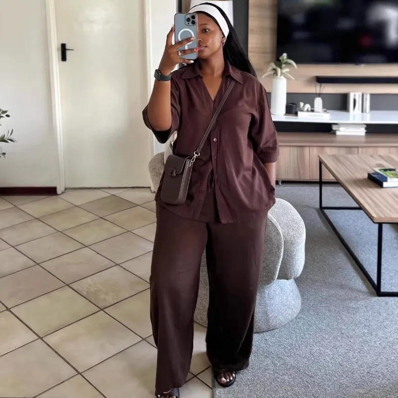 Elegant 2026 African Plus Size 2 Piece Set V-Neck Button Shirt Tie Waist Wide Leg Pants Casual Summer Women Office Loose Outfits