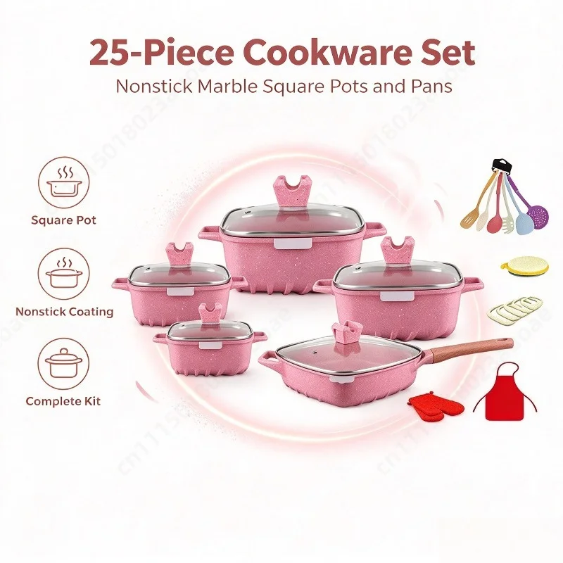 25Pcs Die Cast Aluminum Cookware Set Square Soup Pot Non Stick Kitchen Kit Marble & Granite Coating Household Cooking Utensils