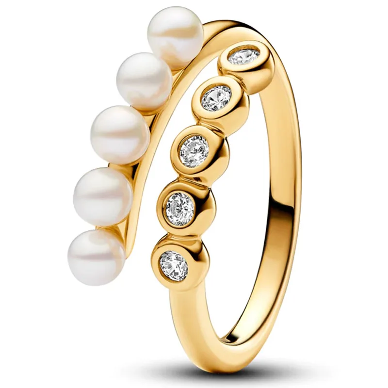 

Original Golden Shine Pearls & Pave Open Ring With Crystal Ring For 925 Sterling Silver Ring Women Birthday Gift Diy Jewelry