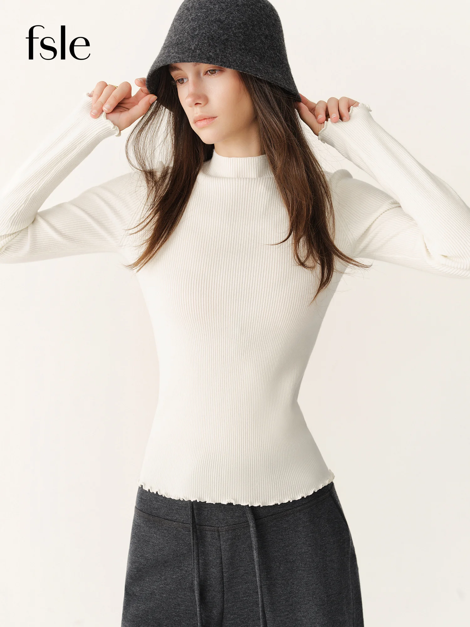 FSLE 2026 Winter New Women Basic Versatile Ruffle Trim Knit Layering Top Long‑Sleeve Soft Crew Neck Pullover Casual Knit Blouse