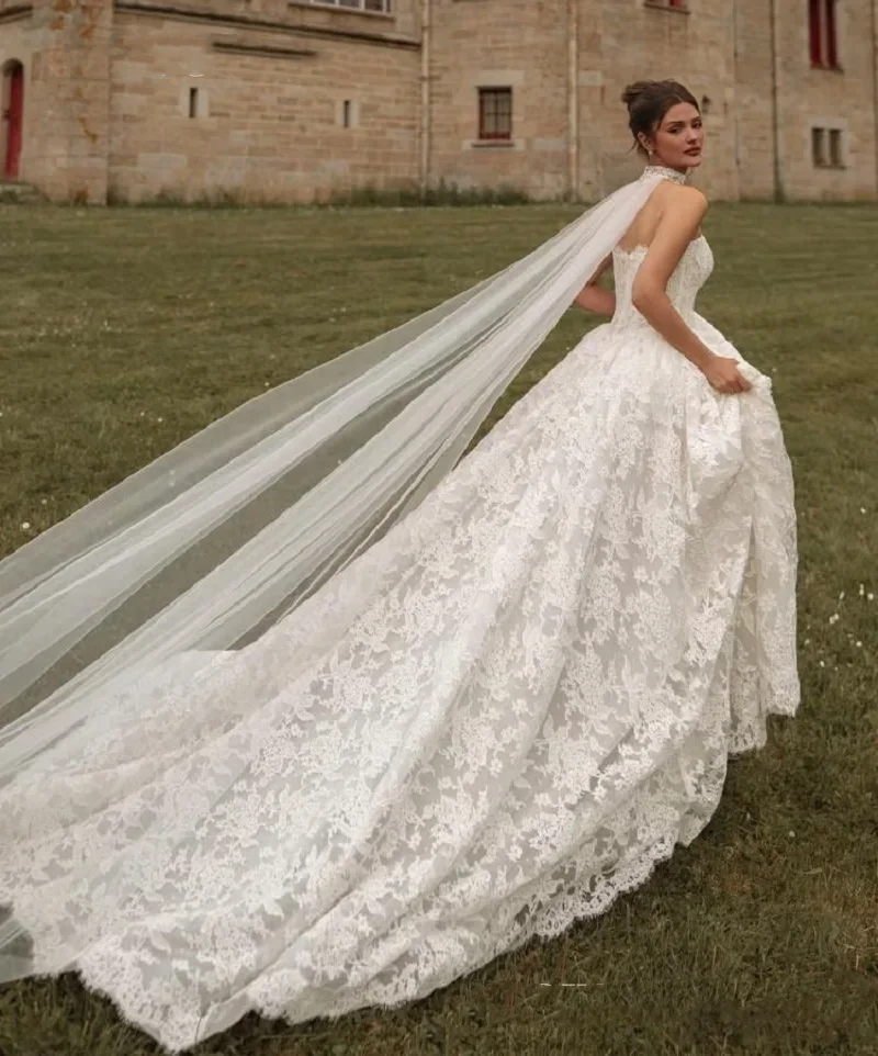 Customized Charming Wedding Dresses A-Line Lace Sweetheart Neckline Chapel Train With Detachable Bride Gown Vestidos De Novia