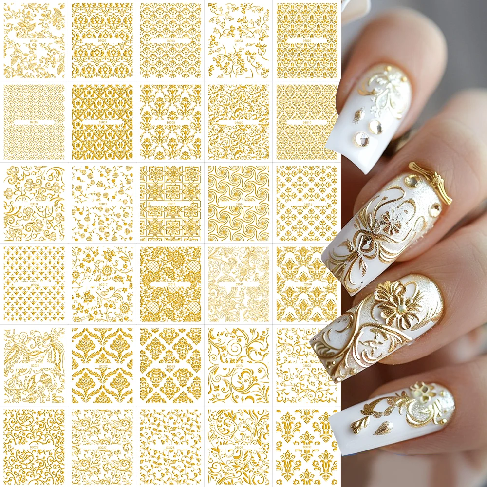 30 Sheets Gold Metallic Flowers Vine Nail Art Decals  3D Lace Flower Nail Sticker Self-Adhesive Nail Art Decoration 5.5*6.5cm