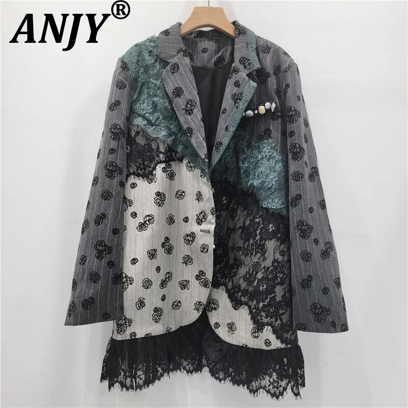

ANJY весенне-осенний новый женский пиджак с зубчатым воротником, однобортный лоскутный сетчатый кружевной цветной блок, элегантная модная куртка A13234