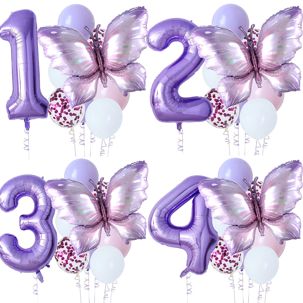 10pcs Purple Butterfly 40inch Number Balloon Set Large Colorful Butterfly Foil Balloon Baby Shower Birthday Party Christmas Deco