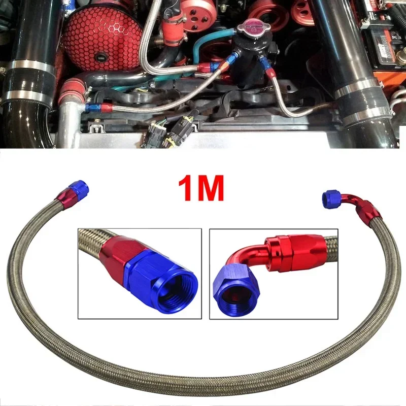 An10 1M Stainless Steel Braided CPE Fuel Line Hose Fitting Kit with Straight and 90 Degree Swivel Hose Fitting Adapter