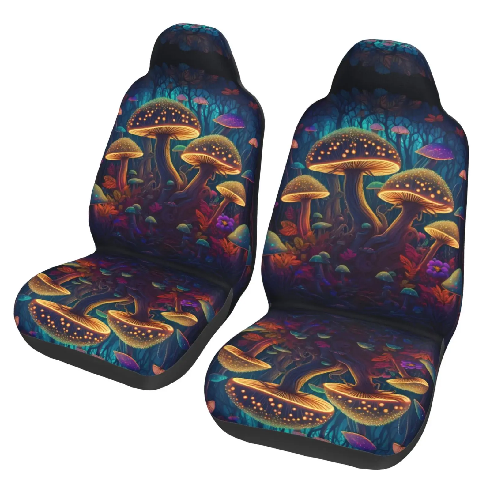 Forest Colorful Mushrooms Pattern Car Seat Covers 2 Pcs Front Seat Protector Bucket Seat Covers Universal Auto Accessories