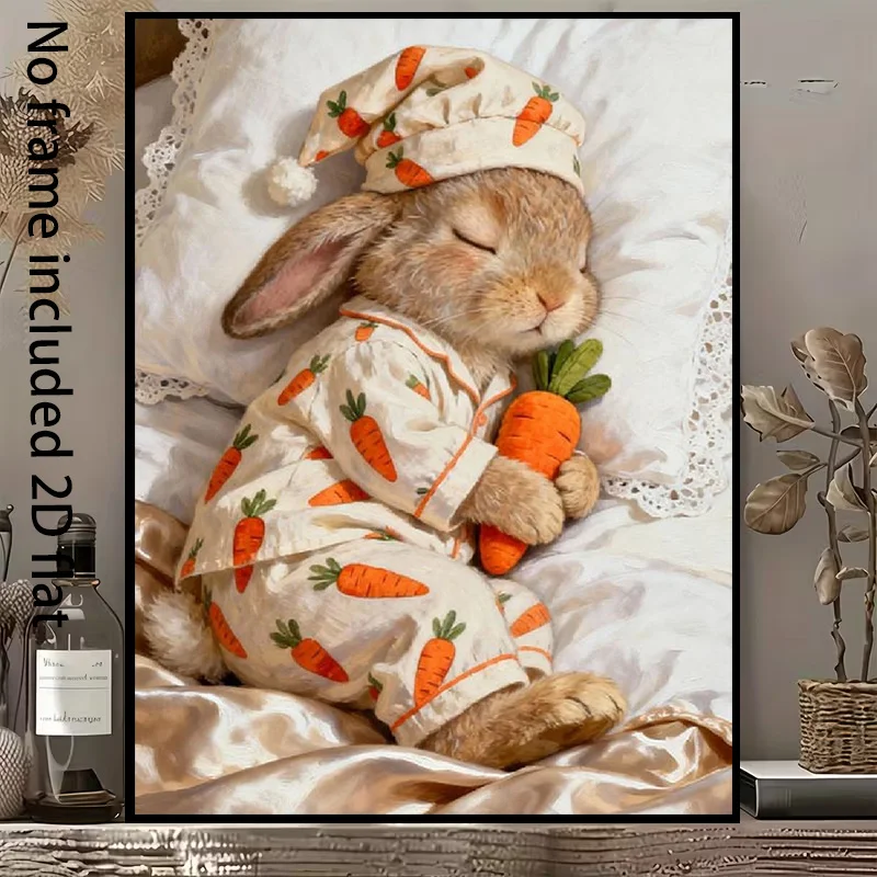 2D Flat, 2D Flat, A 2D Flat Canvas Art Piece Featuring a Warm And Adorable Rabbit Dressed in Carrot-Patterned Pajamas, Peacef