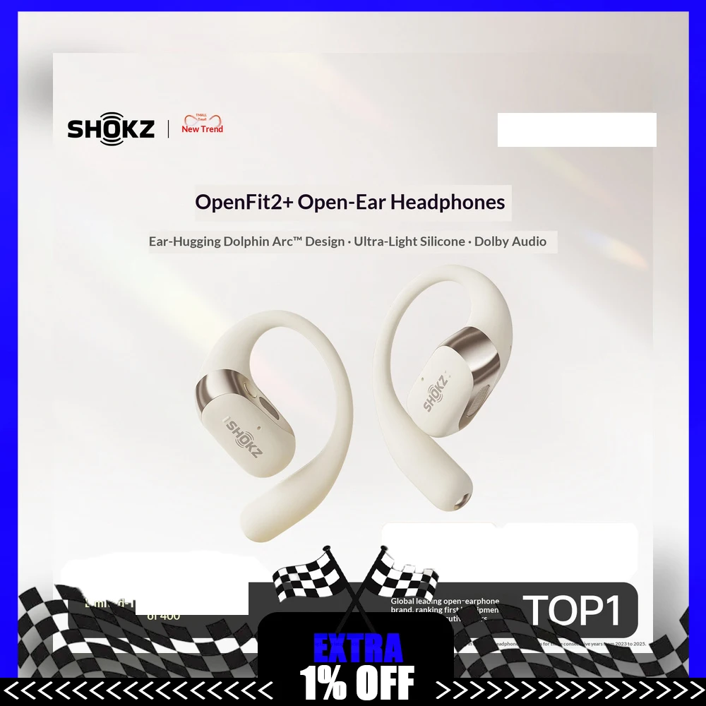 SHOKZ OpenFit 2+ Open Ear Earbuds Wireless Bluetooth Ear Hook Headphones for Sports Running Office Use