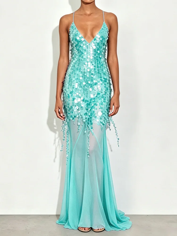 Backless Sequins Patchwork Simple Party Dress, Women Summer Solid Deep V Neck Maxi Dress, New Lacing Up Ladies Dresses Vestidos