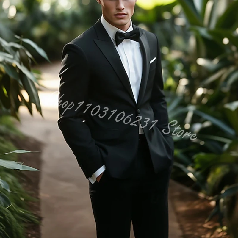 Black Men's Wedding Party Suits Fashion Formal Tuxedos 2 Piece Wedding Tuxedos Peaked Lapel Blazer Pants Trajes De Hombre