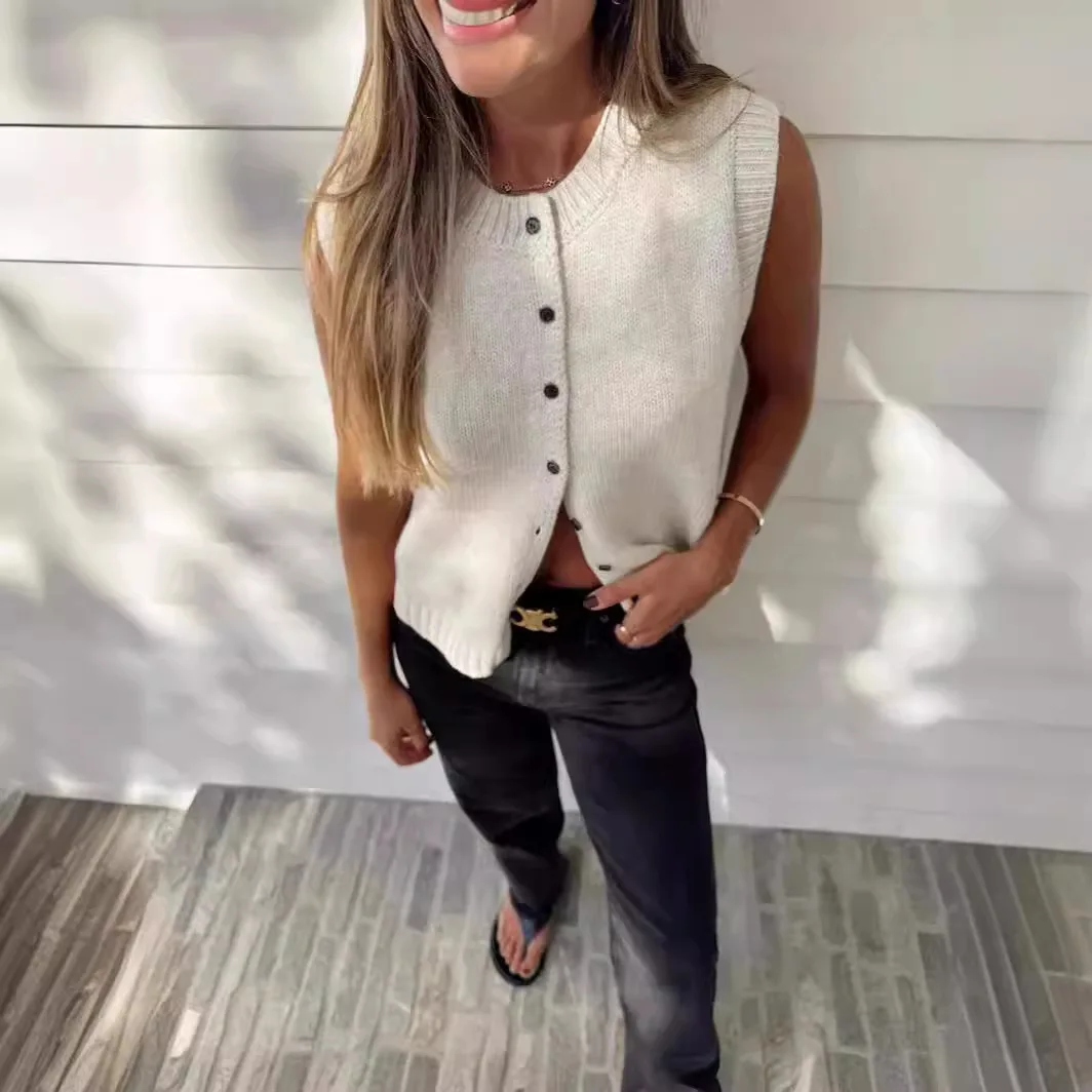 Knitted Vest Vest Casual Maillard Style Versatile Single-breasted Knitted Cardigan Top for Women