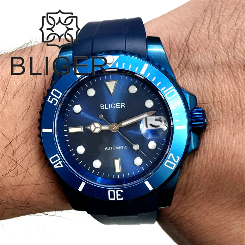 

BLIGER 40mm Blue Coating Case Blue Sunburst Dial NH35 PT5000 Automatic Watch For Men Sapphire Glass Rubber Strap Waterproof Date