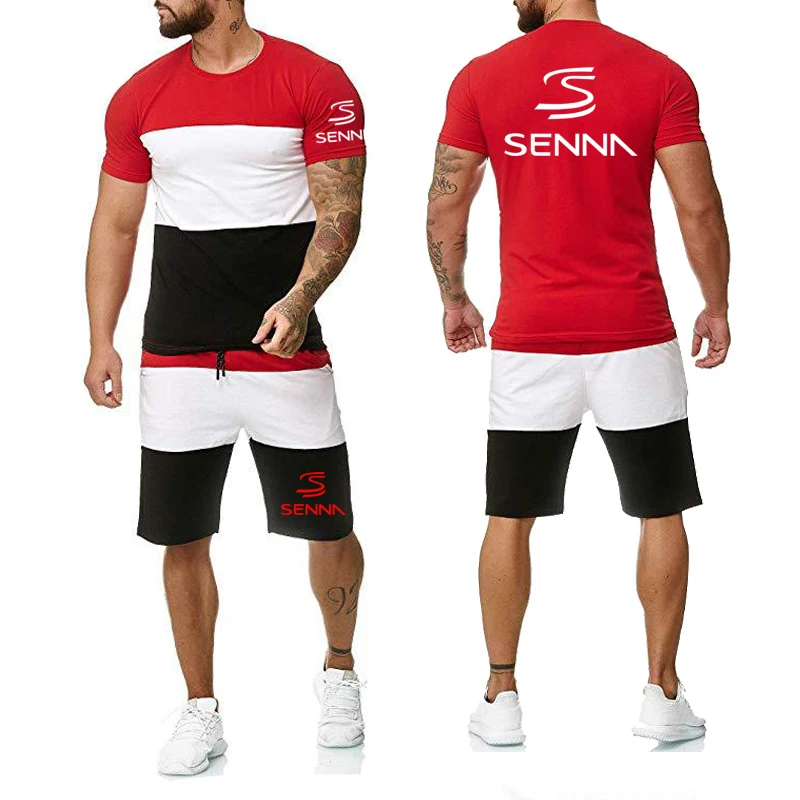 Mens Short Sleeve Senna Logo Print Summer Mens T-Shirt Harajuku Colorblock High Quality Cotton Men T-shirt+pants suit