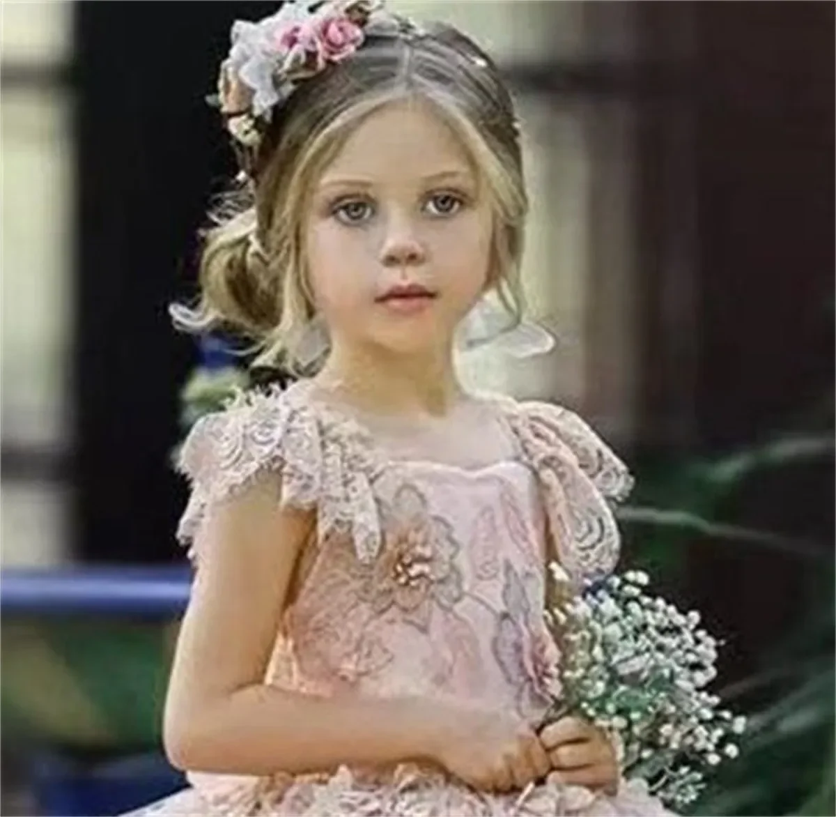 Exquisite Pink Ball Gown Flower Girls Dress For Wedding 3d Floral Appliques Toddler Pageant Sleeveless First Communion Gown