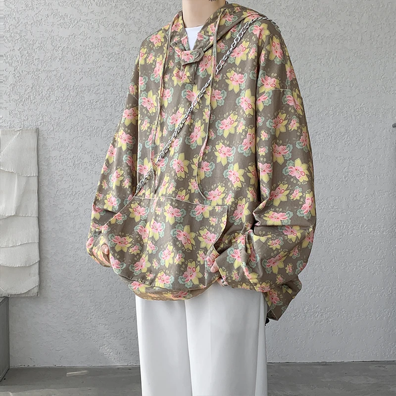 Men Vintage Printed Hoodies Sweatshirt Fashion Streetwear Casual Men's Floral Loose Pullovers Pocket Hoodies Black/Khaki