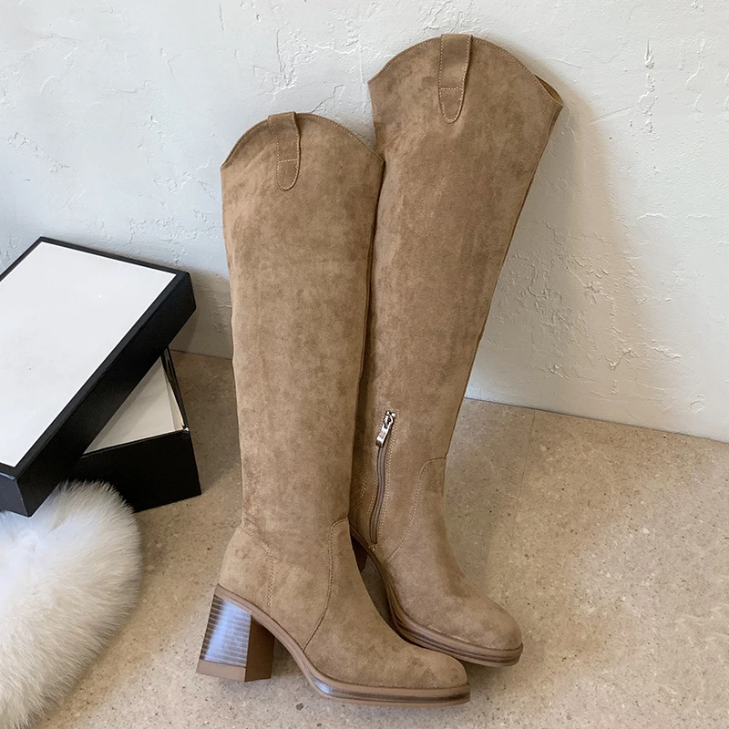 Women Knee High Boots Faux Suede Side Zipper Chunky Block Heel Round Toe Autumn Winter Lady Tall Boots Casual Street Boots Shoes - view 2