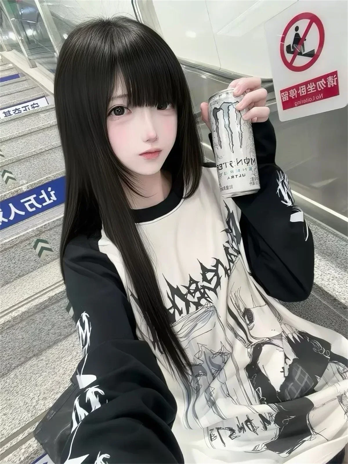 Fashion Punk Long Sleeve Sweatshirts Women Y2k Clothing Harajuku Gothic Striped T-shirts Outwear American Vintage Tops Chic Girl