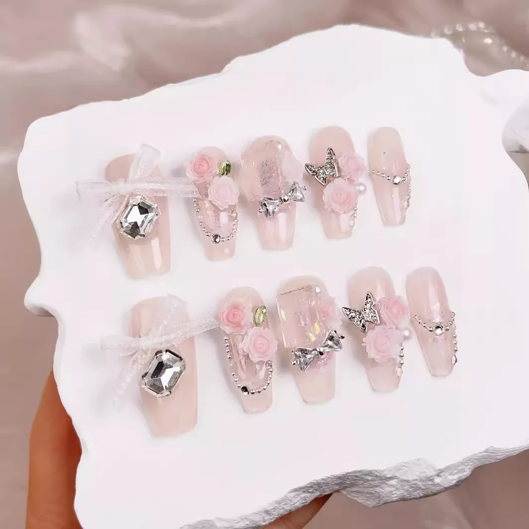 10Pcs Blush Pink Handmade Press On Nails Ballet Fake Nail With Bowknot Rhinestone Heart Full Cover Wearable Artificial Nail Tips