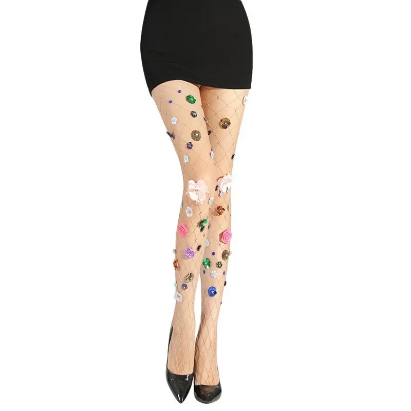 Sox collants résille pour femmes taille haute bas résille collants en maille Sexy avec couture collants Floral Appliqué perle collants