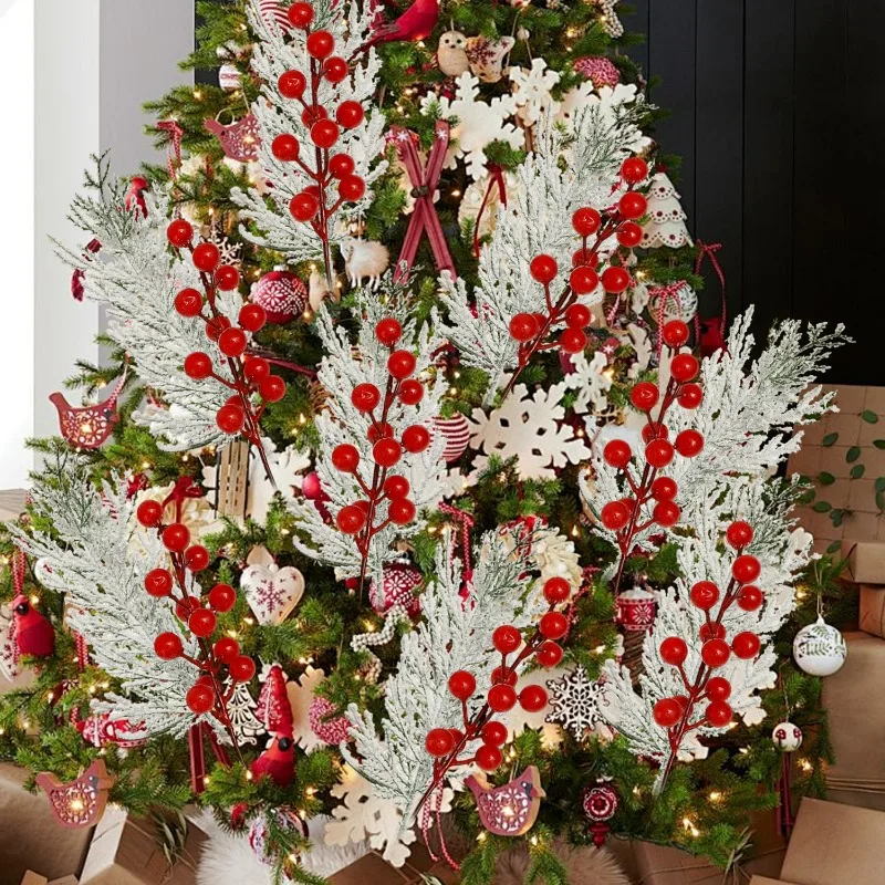 20/1 مجموعات ندفة الثلج الصنوبر الأحمر هولي بيري فرع DIY بها بنفسك عيد الميلاد إكليل تشكيلة زهور مزيج حفلة المنزل منضدية الديكور #3