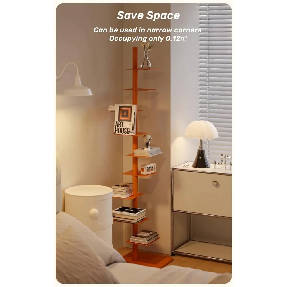 خزانة كتب معدنية عمودية مكونة من 9 طبقات بتصميم دوار للمساحات الضيقة الطويلة، رف كتب سلم داخلي باللون البرتقالي #5